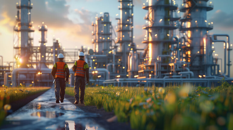 Maintenance workers returning to work at a refinery