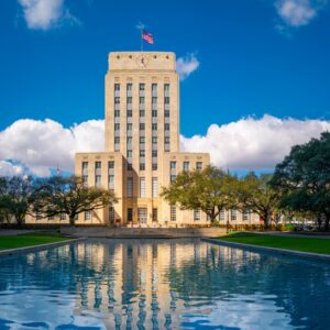 University of Houston Clock Tower with American Flag