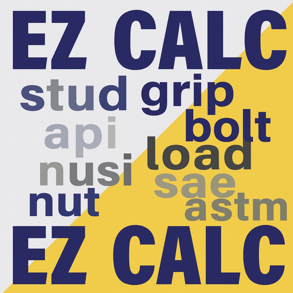 EZ Calc graphic featuring bold dark blue title text on a diagonally split yellow and light gray background. Includes technical terms like stud, bolt, grip, load, nut, api, sae, and astm in varied font weights and ESI brand colors.