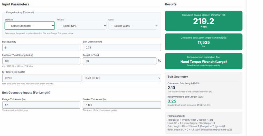 Screenshot of the EZ-Calc bolt torque calculator interface, showing input fields for flange specs, bolt quantity, diameter, yield strength, and geometry. Results include calculated torque, bolt load, recommended installation tool, and suggested bolt lengths for stainless and carbon steel applications.
