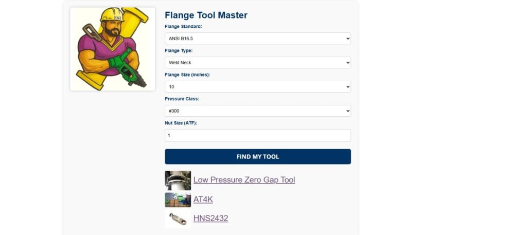 Screenshot of the Flange Master Tool interface from ESI Flange Spreader Rentals. The page features a cartoon illustration of a muscular worker holding a wrench and flange. Below the header, a form allows users to select flange specifications including standard (ANSI B16.5), type (Weld Neck), size (10 inches), pressure class (#300), and nut size (1 inch A/F). A blue “FIND MY TOOL” button triggers tool recommendations. Underneath, product images and hyperlinks are displayed for recommended tools: Low Pressure Zero Gap Tool, AT4K, and HNS2432. The layout is clean and industrial-themed, designed for pipeline professionals.